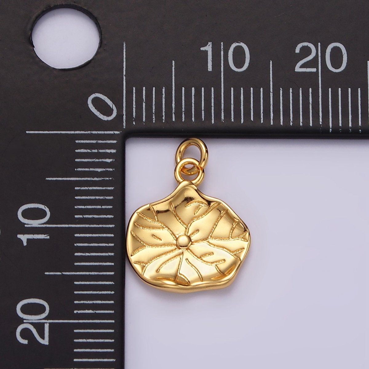 16K Gold Filled Lily Pad Leaf Nature Hammered Round Charm | AC852