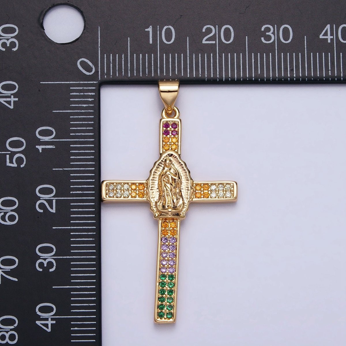 16K Gold Filled Mary Lady Guadalupe Cross Multicolor CZ Micro Paved Pendant in Gold & Silver | AA505 AA506