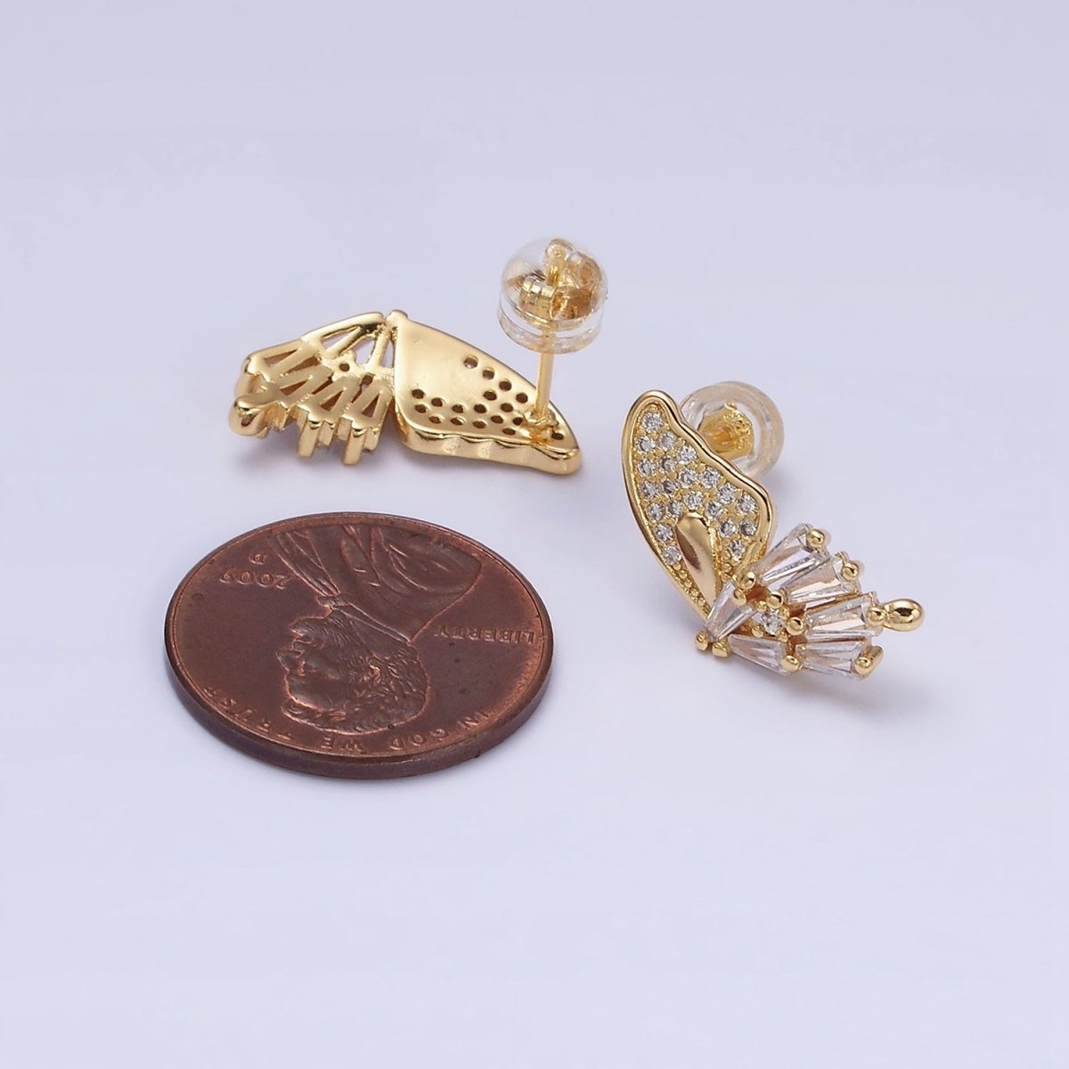 16K Gold Filled Micro Paved Baguette Butterfly Wings Set Stud Earrings | AD1229