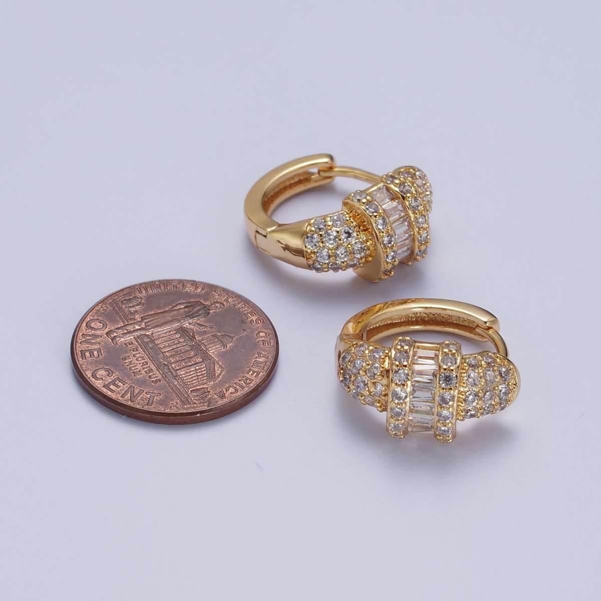 16K Gold Filled Micro Paved Baguette Center Statement Huggie Hoop Earrings | AD-499