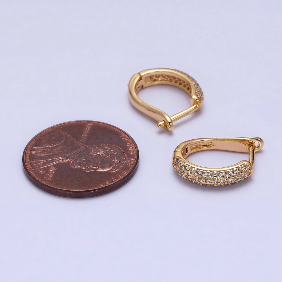 16K Gold Filled Micro Paved CZ 15mm Rounded Curved Oblong English Lock Earrings | AB957