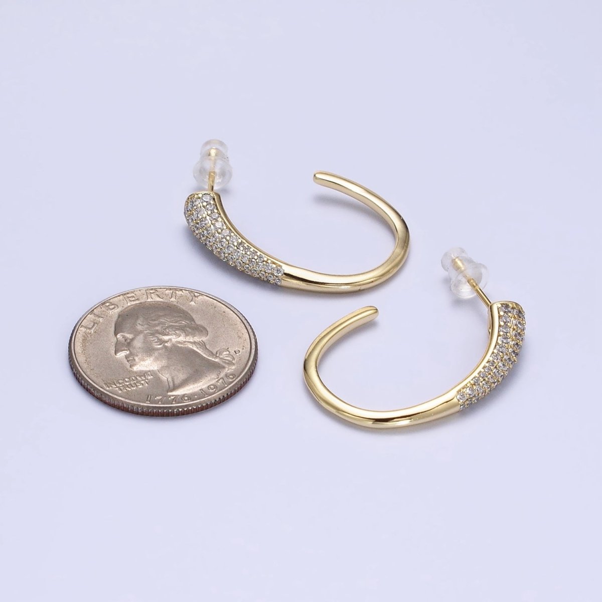 16K Gold Filled Micro Paved CZ Minimalist J-Shaped Hoop Earrings in Gold & Silver | AE041 AE042