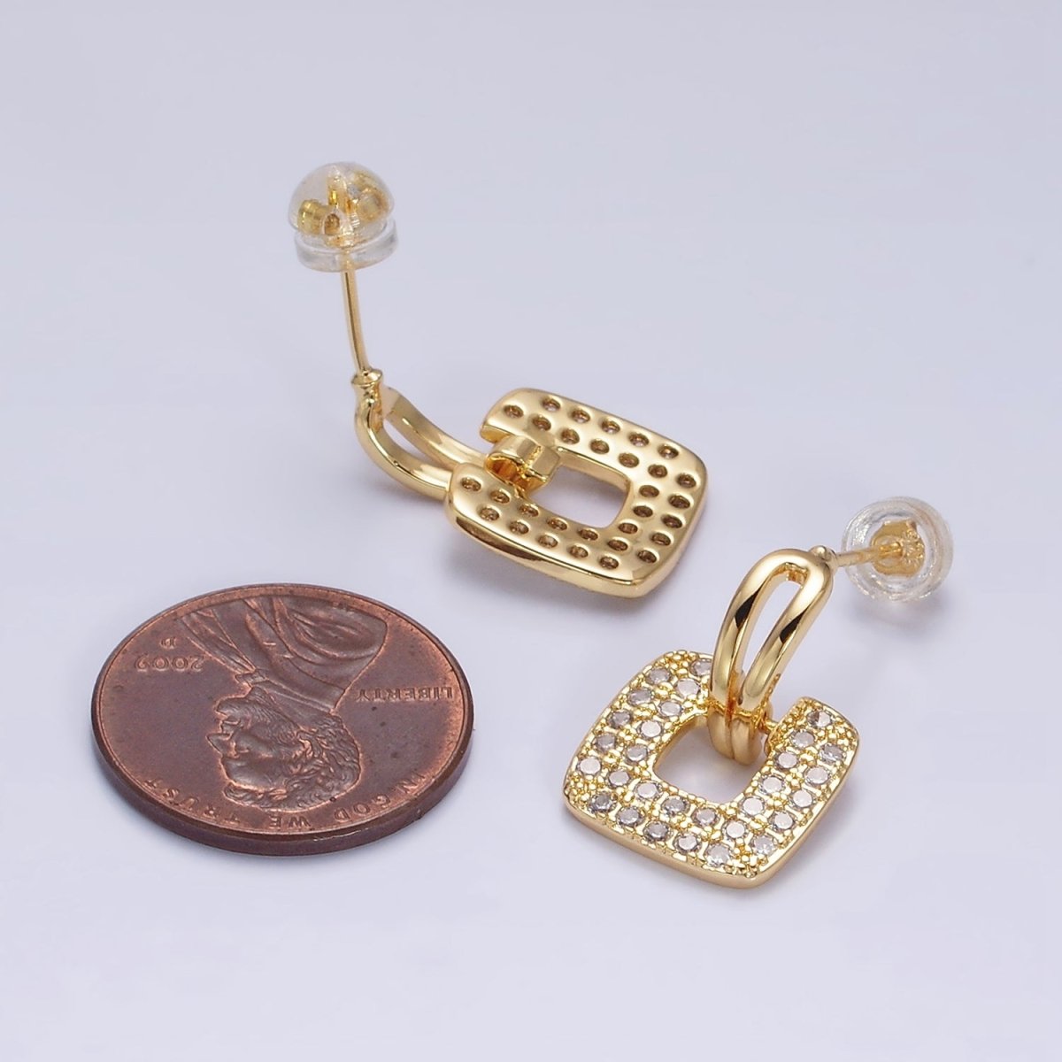16K Gold Filled Micro Paved CZ Open Square Double Bar Curved Stud Earrings in Gold & Silver | AD1255 AD1256