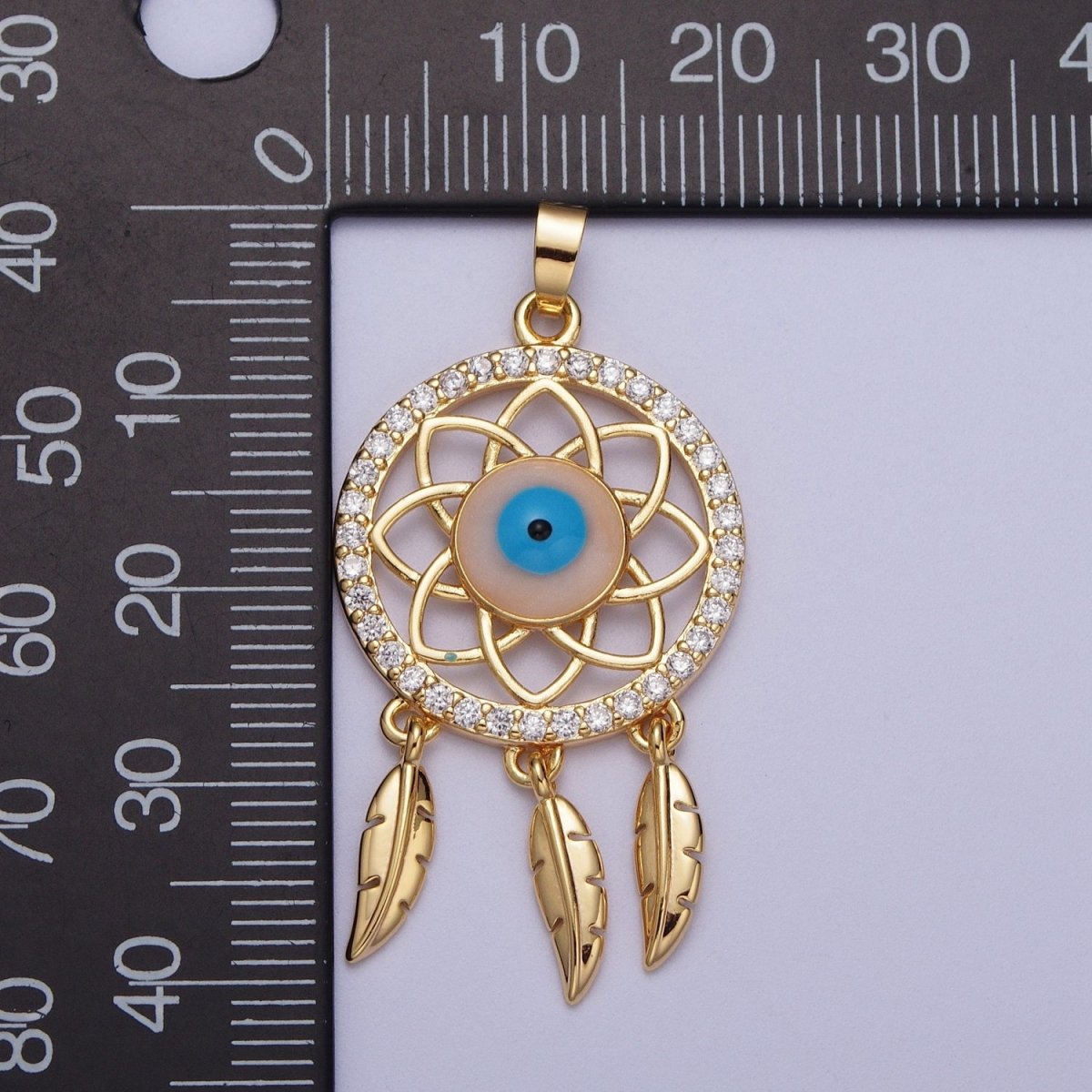 16K Gold Filled Micro Paved Evil Eye of Ra Dreamcatcher Feathers Pendant For DIY Protection Jewelry Making | X-688
