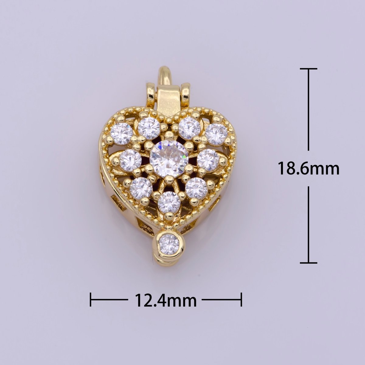 16K Gold Filled Mini Heart Cage Locket Charm with Red CZ Inside N-195