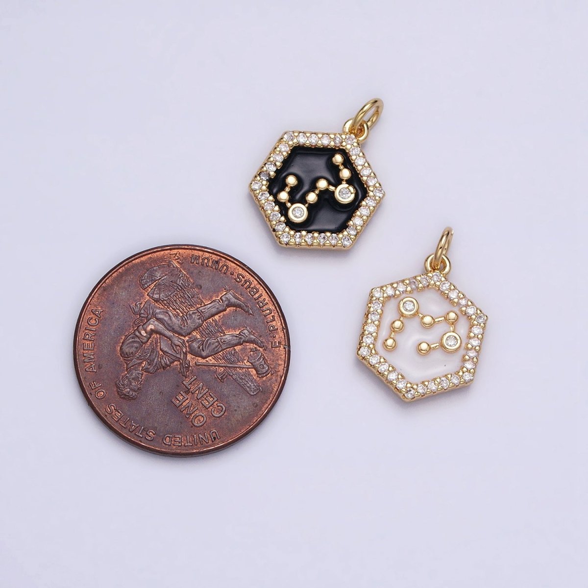 16K Gold Filled Mini Zodiac Sign Birth Star Constellation White Enamel Hexagonal Hammered Add-On Charm | A-A1391-A-A1396
