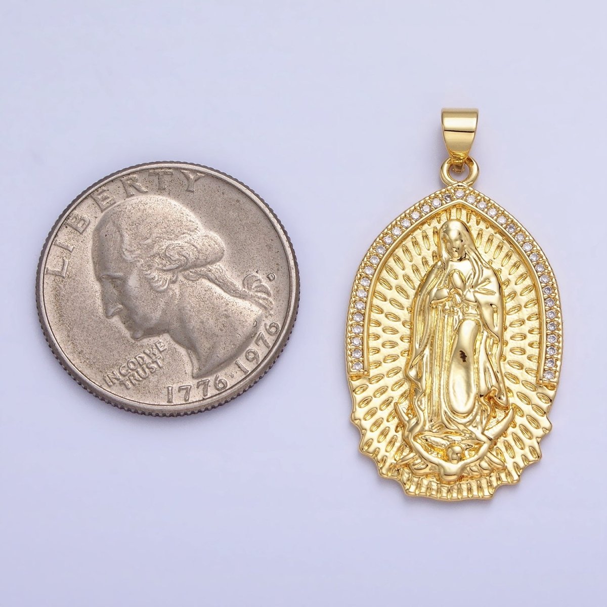 16K Gold Filled Mother Virgin Mary Line Textured Micro Paved CZ Religious Pendant | AA226