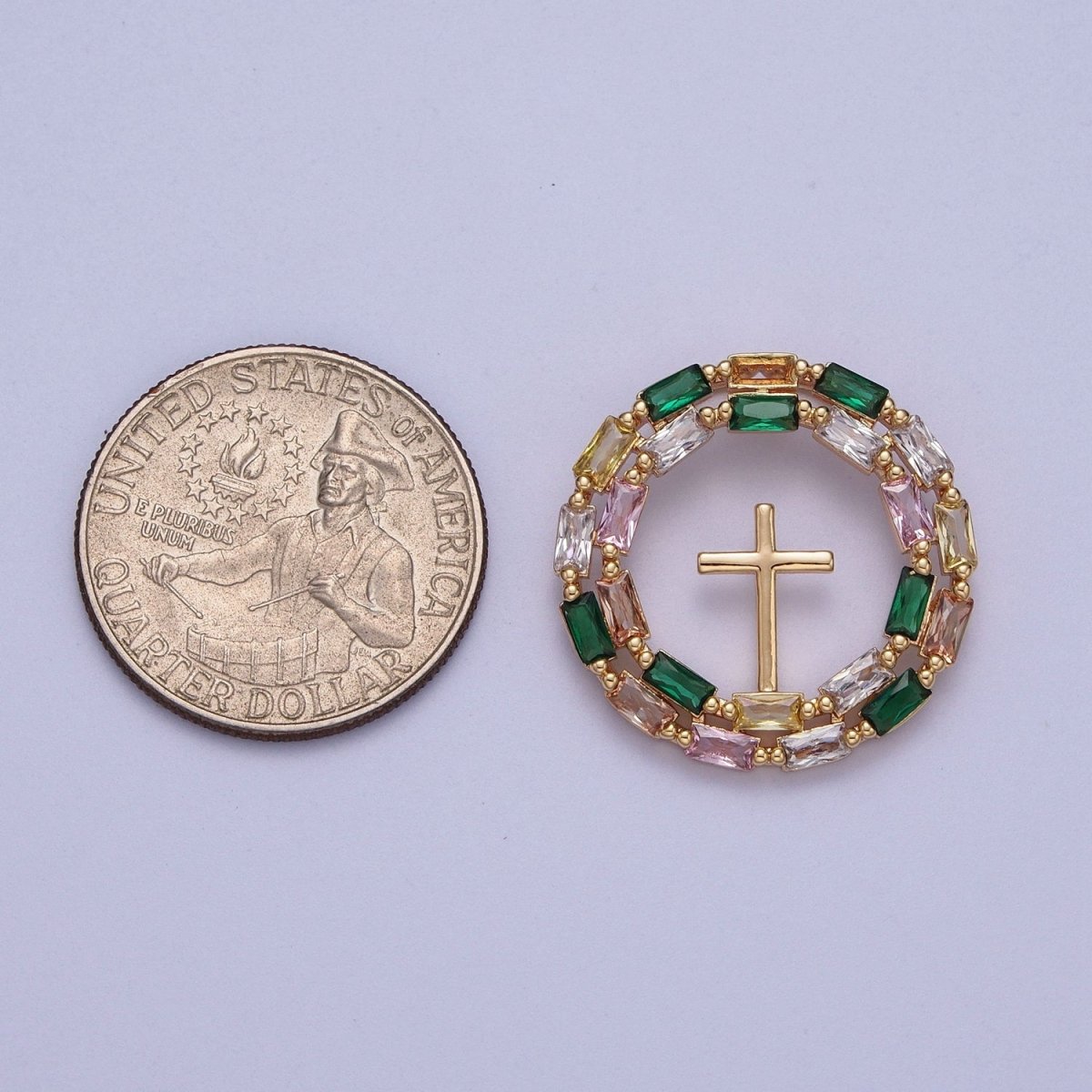 16K Gold Filled Multicolor Baguette Mini Cross Round Medallion Pendant For Religious Jewelry | X-689