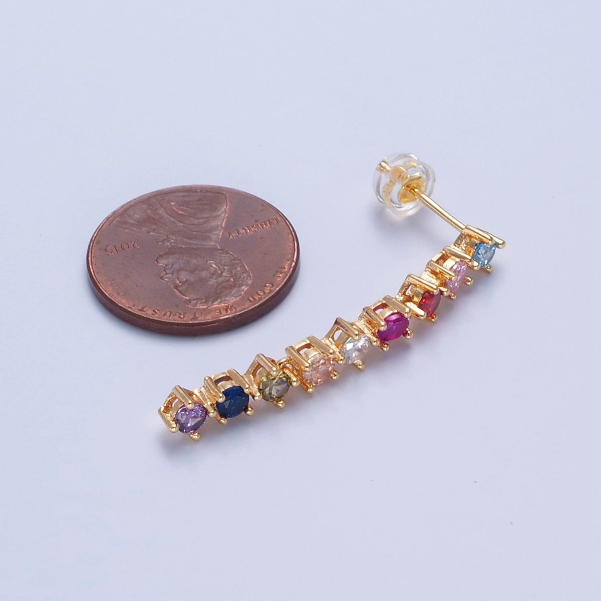 16K Gold Filled Multicolor CZ Linear Drop Dangle Stud Earrings | T-501