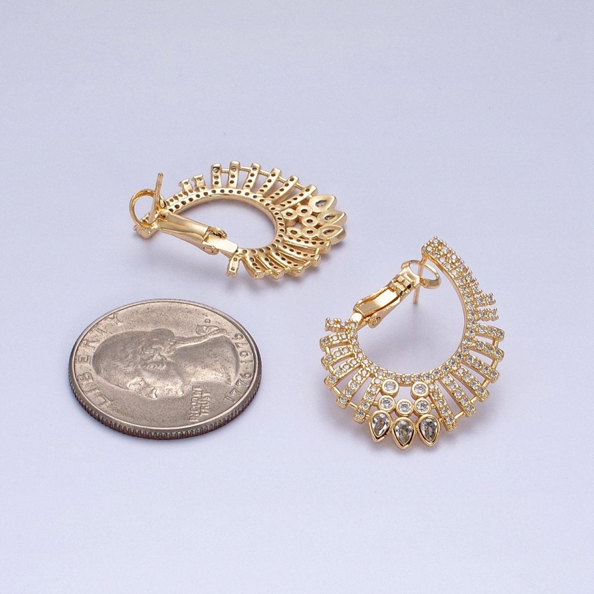 16K Gold Filled Multiple Micro Paved CZ Bar Teardrop Lined Front-Facing Hinge Earrings in Gold & Silver | AD1092 AD1093