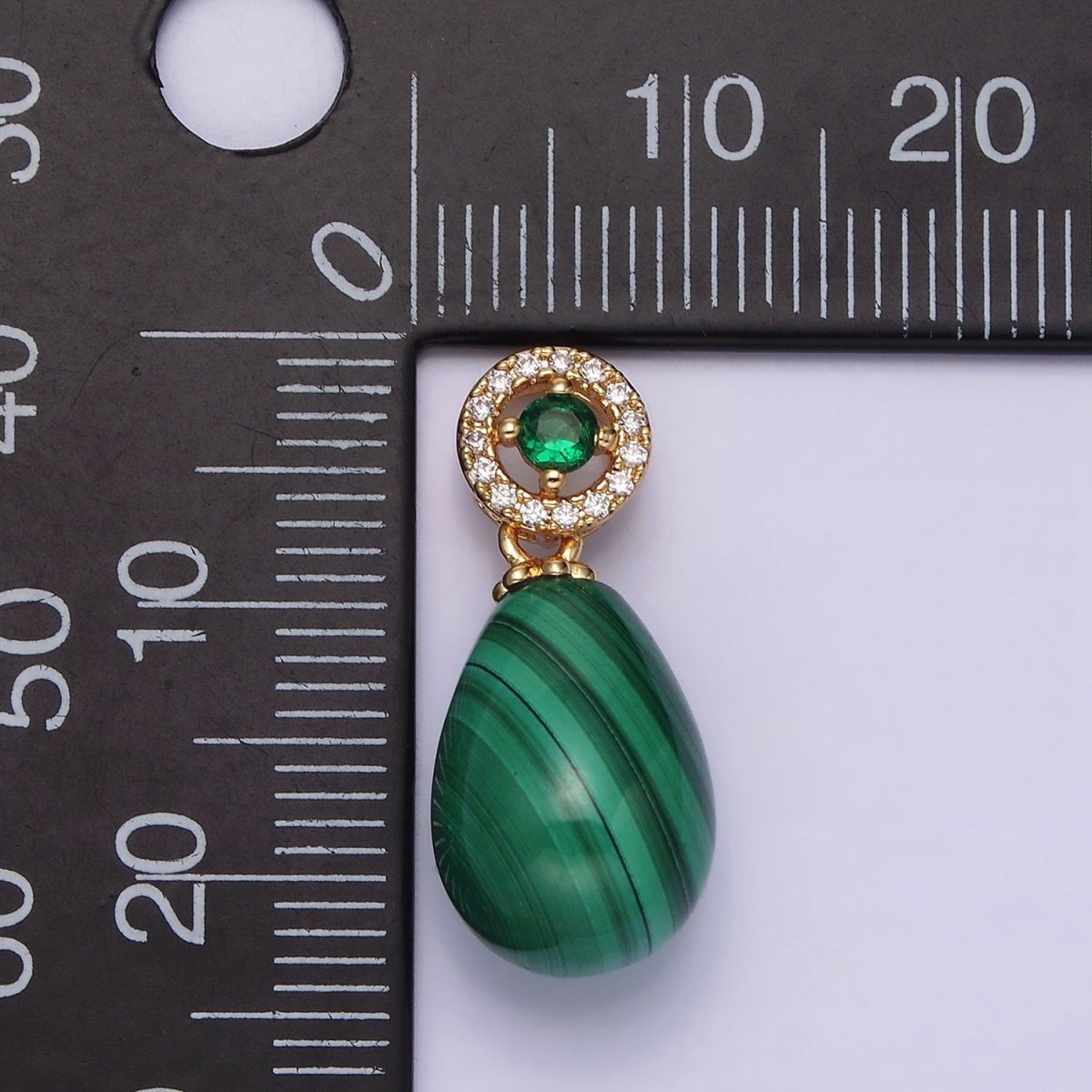 16K Gold Filled Natural Gemstone Malachite Drop Micro Paved CZ Green Round Bail | AA614