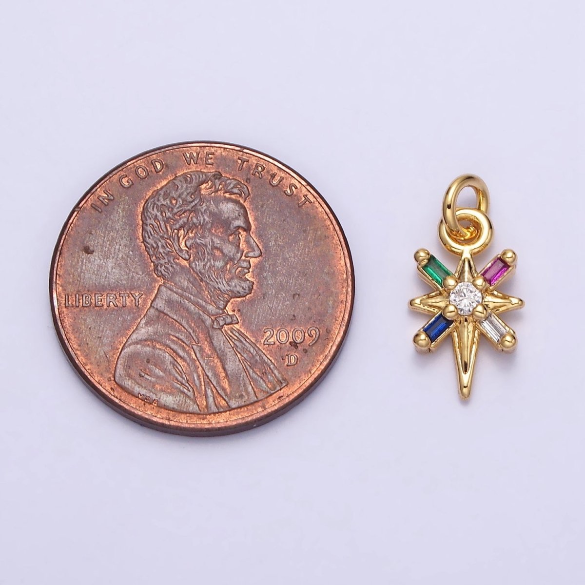 16K Gold Filled North Star Celestial Multicolor, Clear Baguette CZ Charm in Gold & Silver | AC1296 AC1297