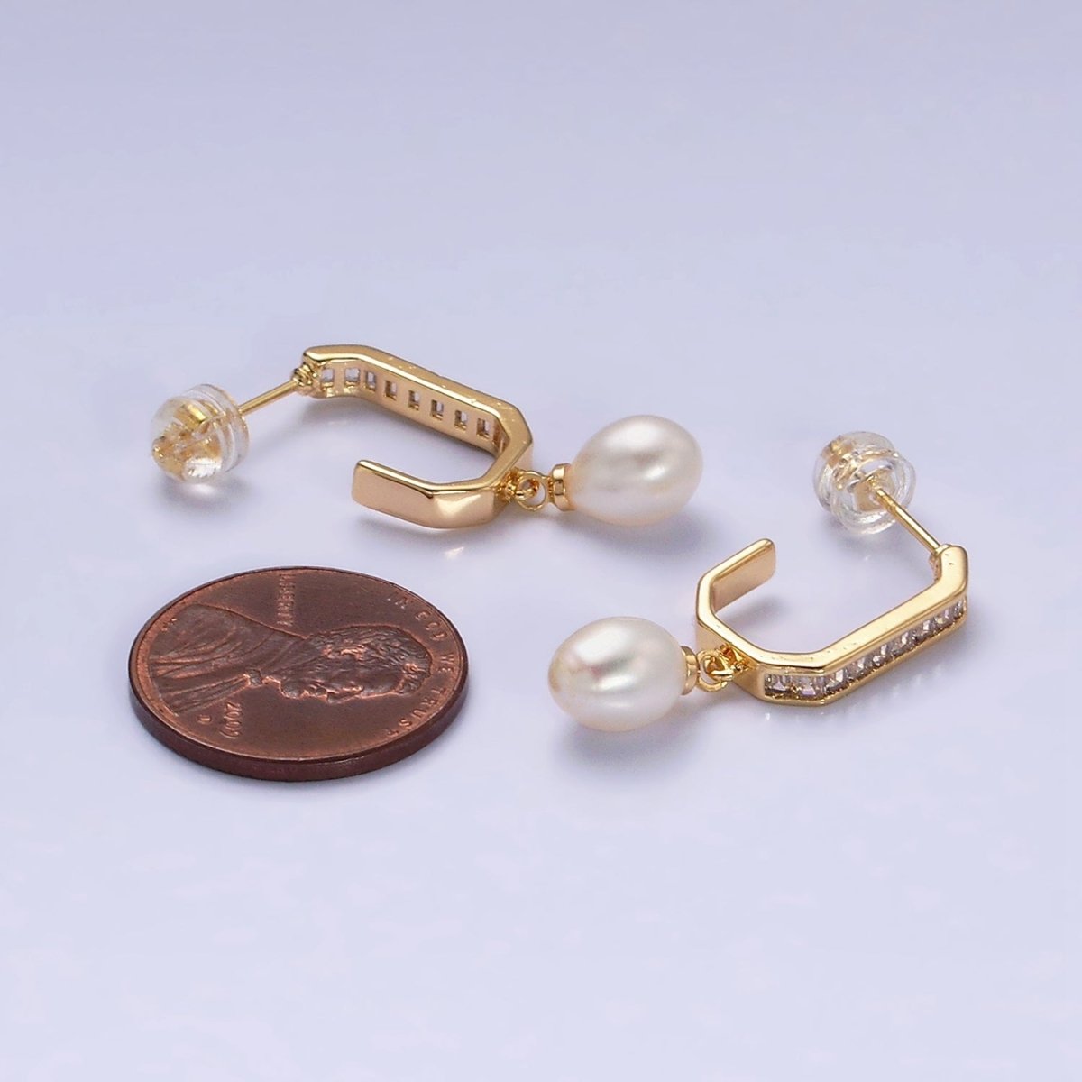 16K Gold Filled Pearl Baguette Lined Hexagonal J-Shaped Drop Earrings in Gold & Silver | AD1130 AD1131
