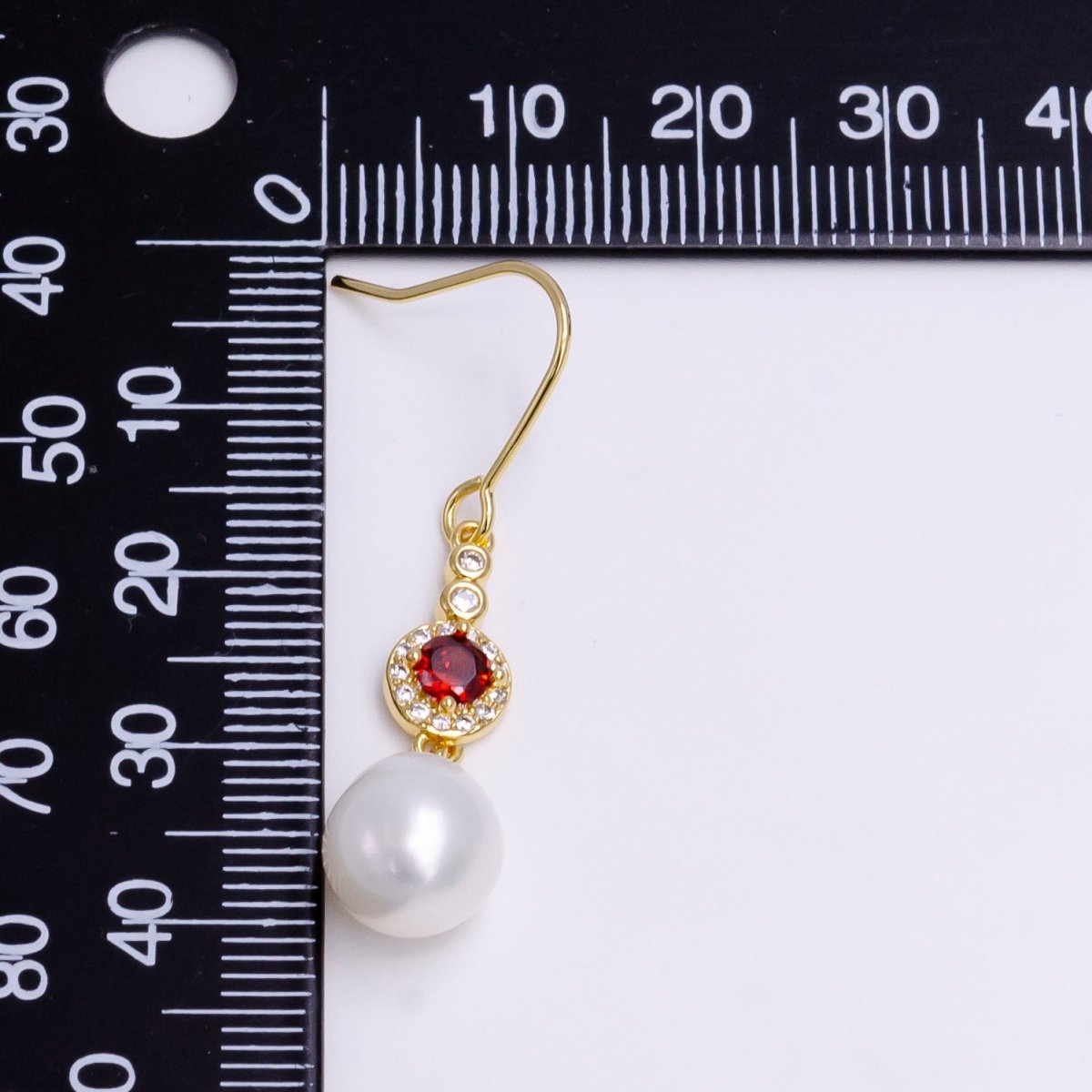 16K Gold Filled Pearl Drop Micro Paved Round Red CZ French Hook Earrings | AE776