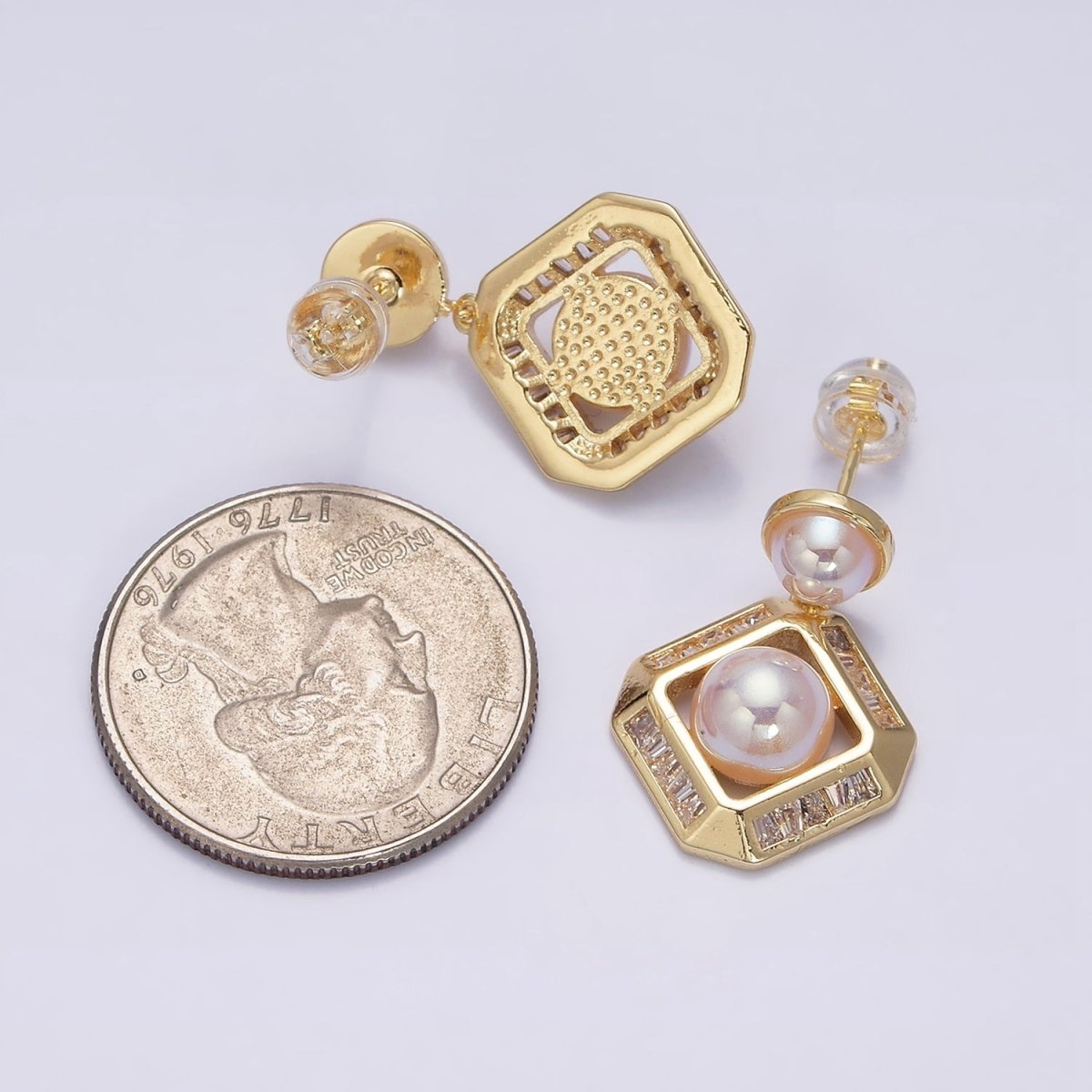 16K Gold Filled Pearl Edged Rhombus Baguette Lined Drop Stud Earrings in Gold & Silver | AD-323 AD-324