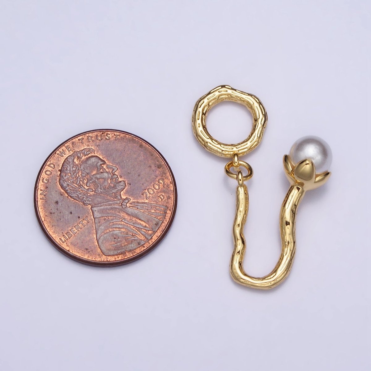 16K Gold Filled Pearl Flower Wood-Textured Branch Open Round Charm | AC1057