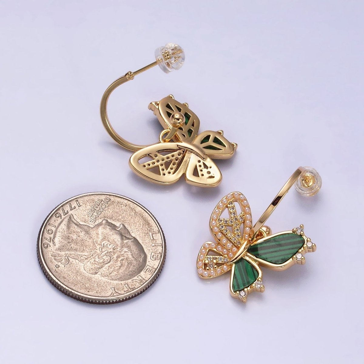 16K Gold Filled Pearl Malachite Butterfly Wings Drop C-Shaped Hoop Earrings in Gold & Silver | AD976 AD977