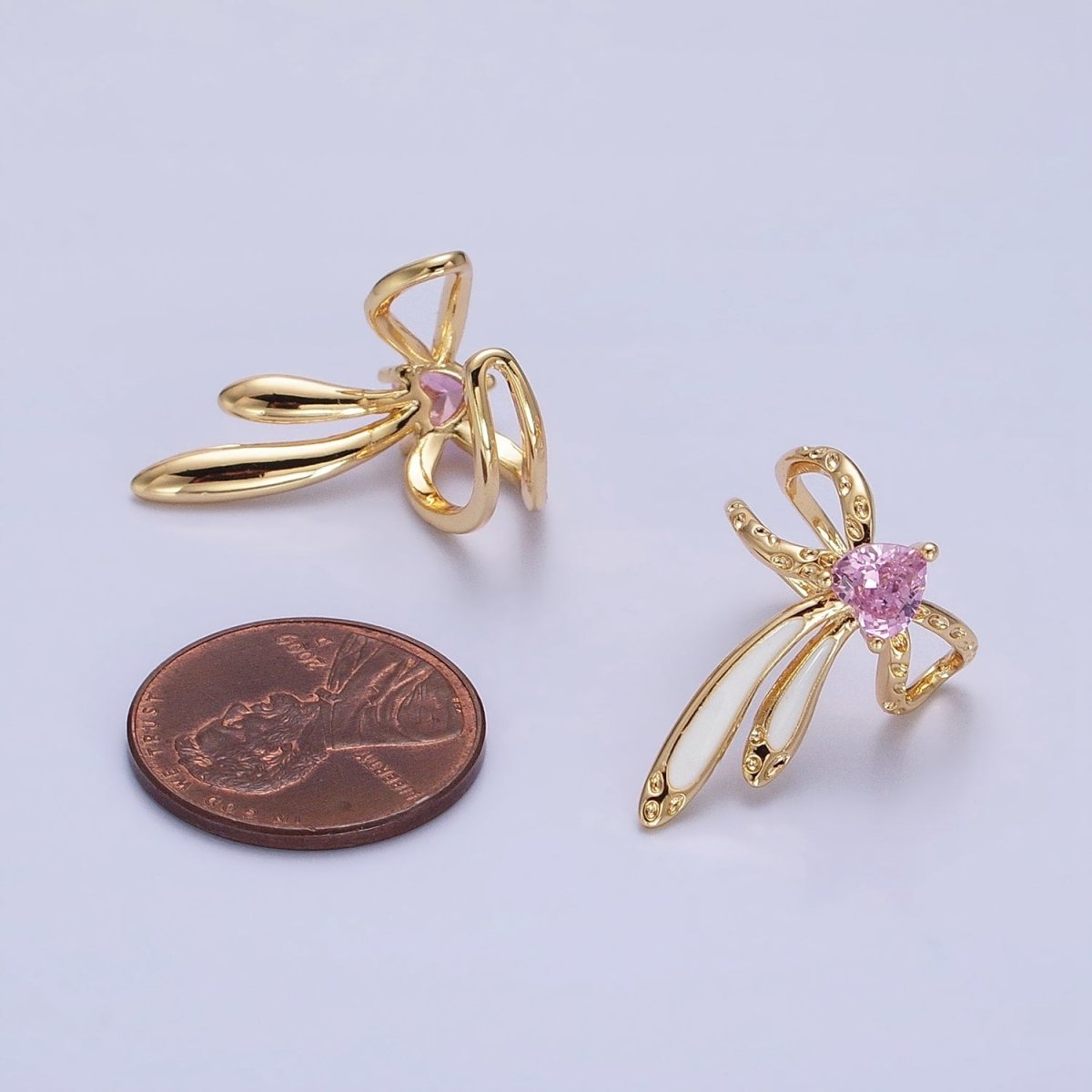 16K Gold Filled Pink CZ Heart White Bunny Ears Hammered Double Band Ear Cuff Earrings in Silver & Gold | AI013 AI014