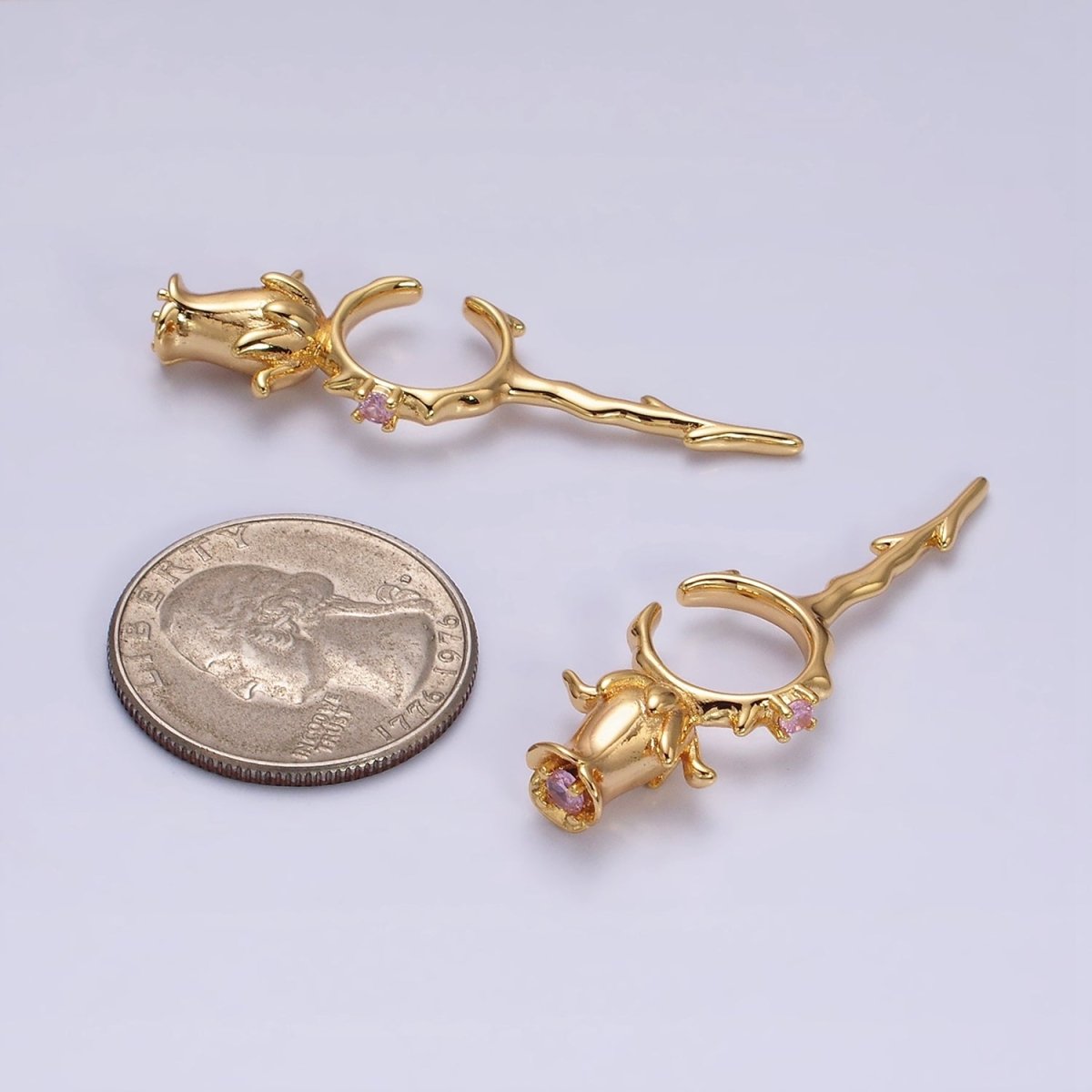 16K Gold Filled Pink CZ Rose Flower Molten Drip Linear Ear Cuff Earrings in Gold & Silver | AI015 AI016