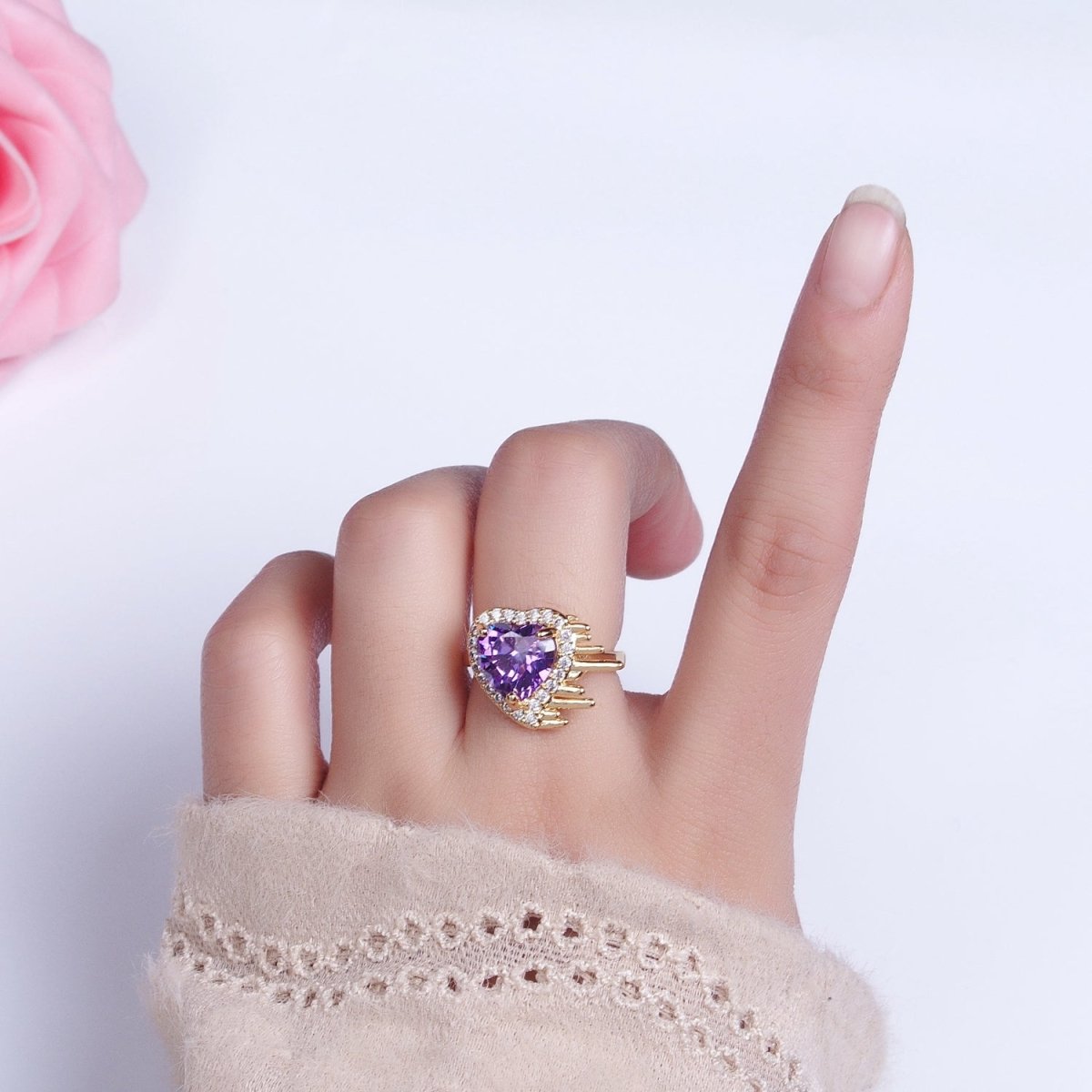 16K Gold Filled Purple Heart Flying Swish Lined Micro Paved CZ Ring in Gold & Silver | O-1910 O-1911