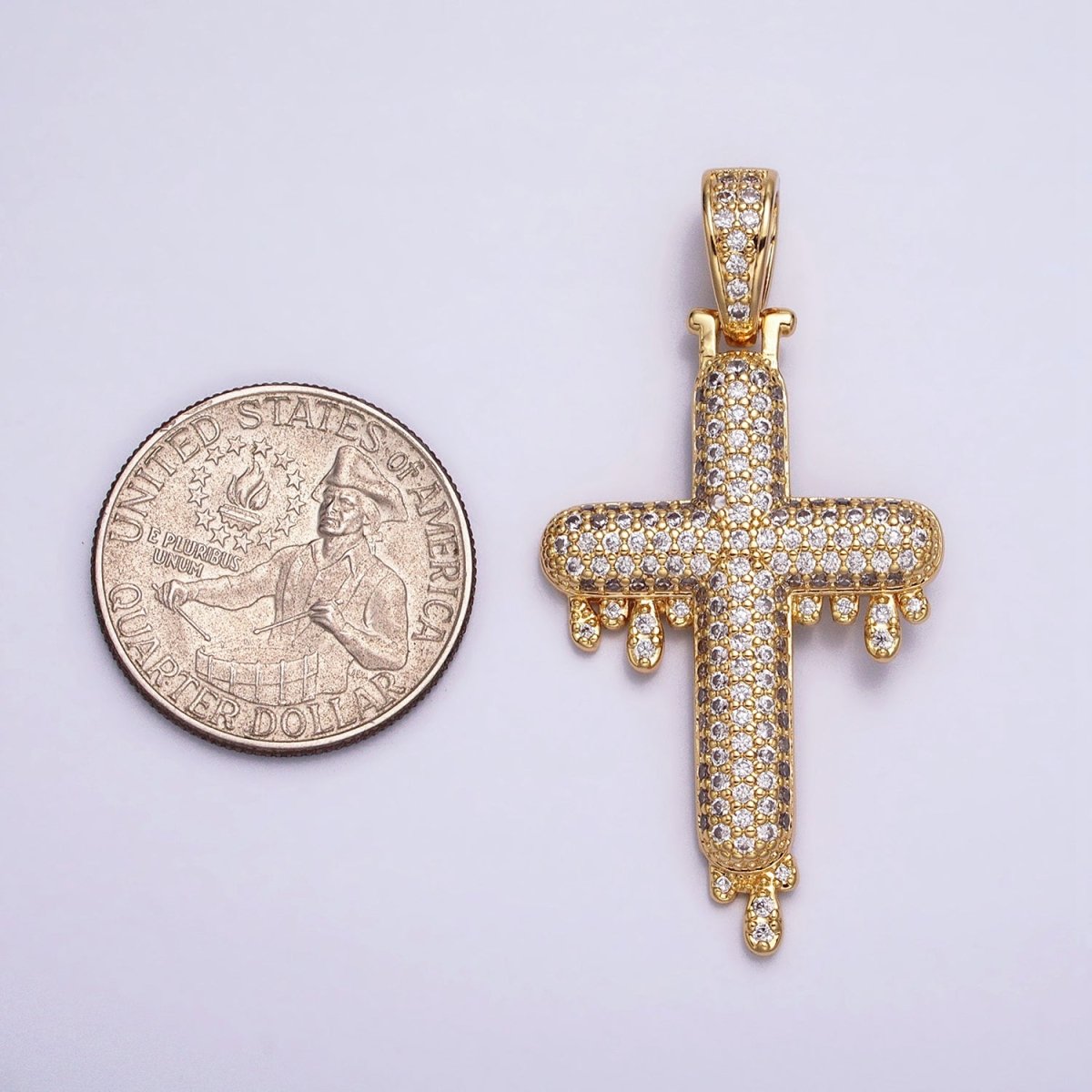 16K Gold Filled Religious Cross Micro Paved CZ Drip 50mm Pendant in Gold & Silver | AA377 AA378
