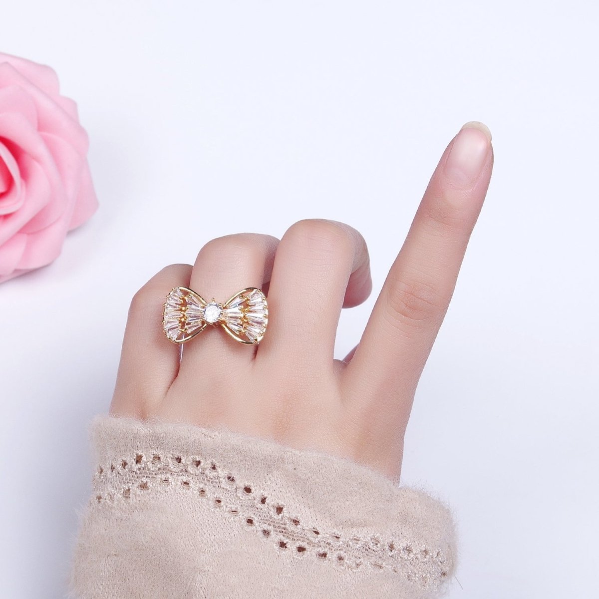 16K Gold Filled Ribbon Bow Baguette Ring in Gold & Silver | O-559 O-560