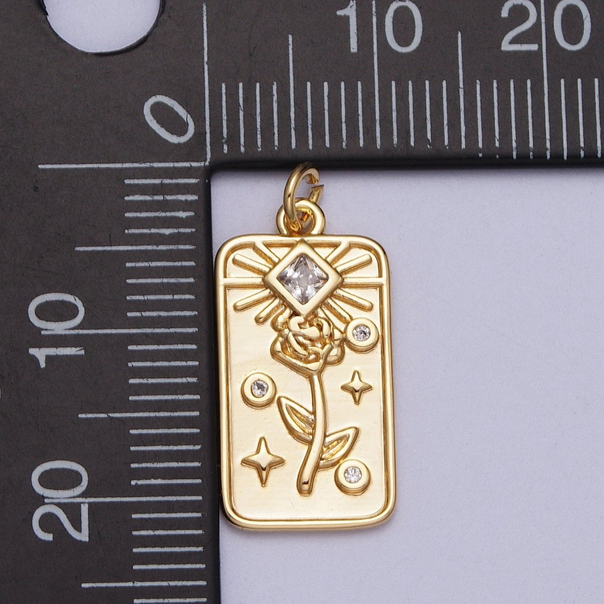 16K Gold Filled Rose Flower Clear CZ Rhombus Tag Charm E-428