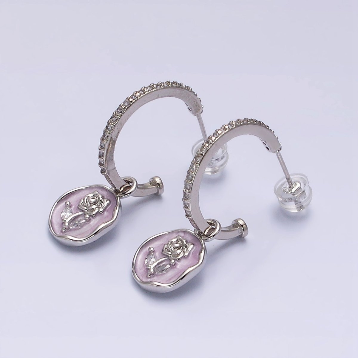 16K Gold Filled Rose Flower Marquise White, Pink Enamel Drop Micro Paved C-Shaped Hoop Earrings in Gold & Silver | AD1012 - AD1015