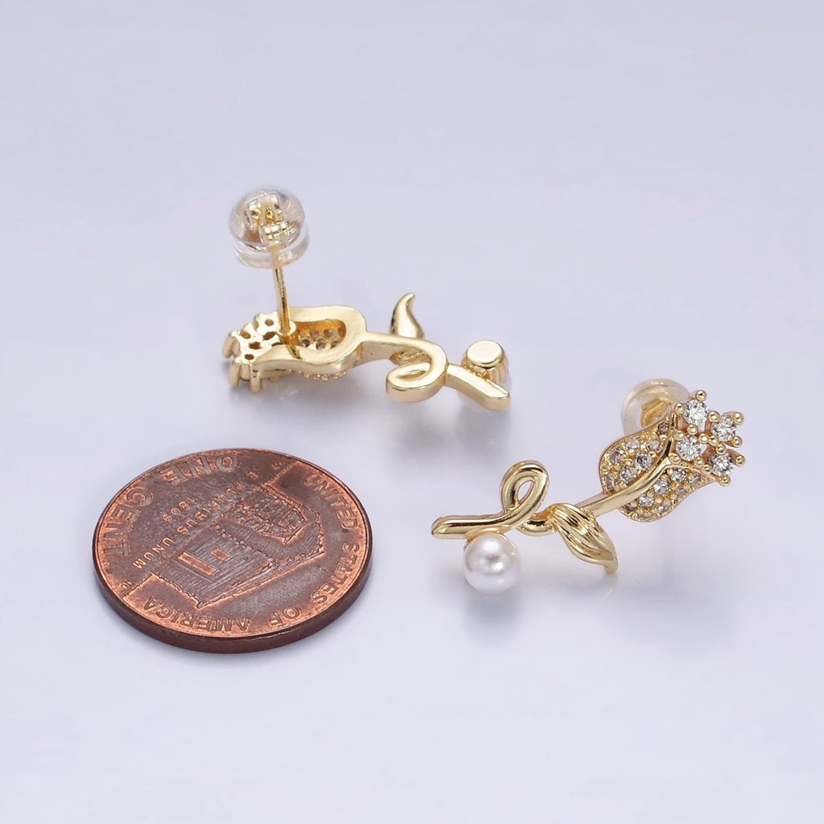 16K Gold Filled Rose Flower Micro Paved CZ Pearl Stud Earrings | AD-321 AD-322