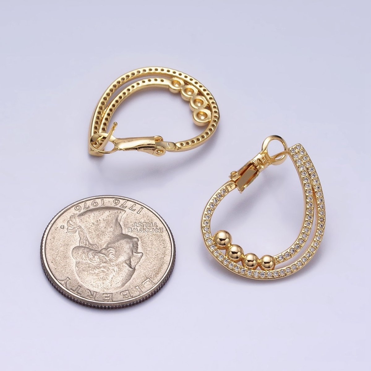 16K Gold Filled Round Beaded Bubble Double Bar Front-Facing Hinge Hoop Earrings in Gold & Silver | AD913 AD914