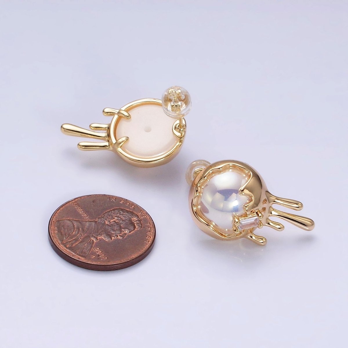 16K Gold Filled Round Iridescent Pearl Molten Drip Stud Earrings in Gold & Silver | AD980 AD981