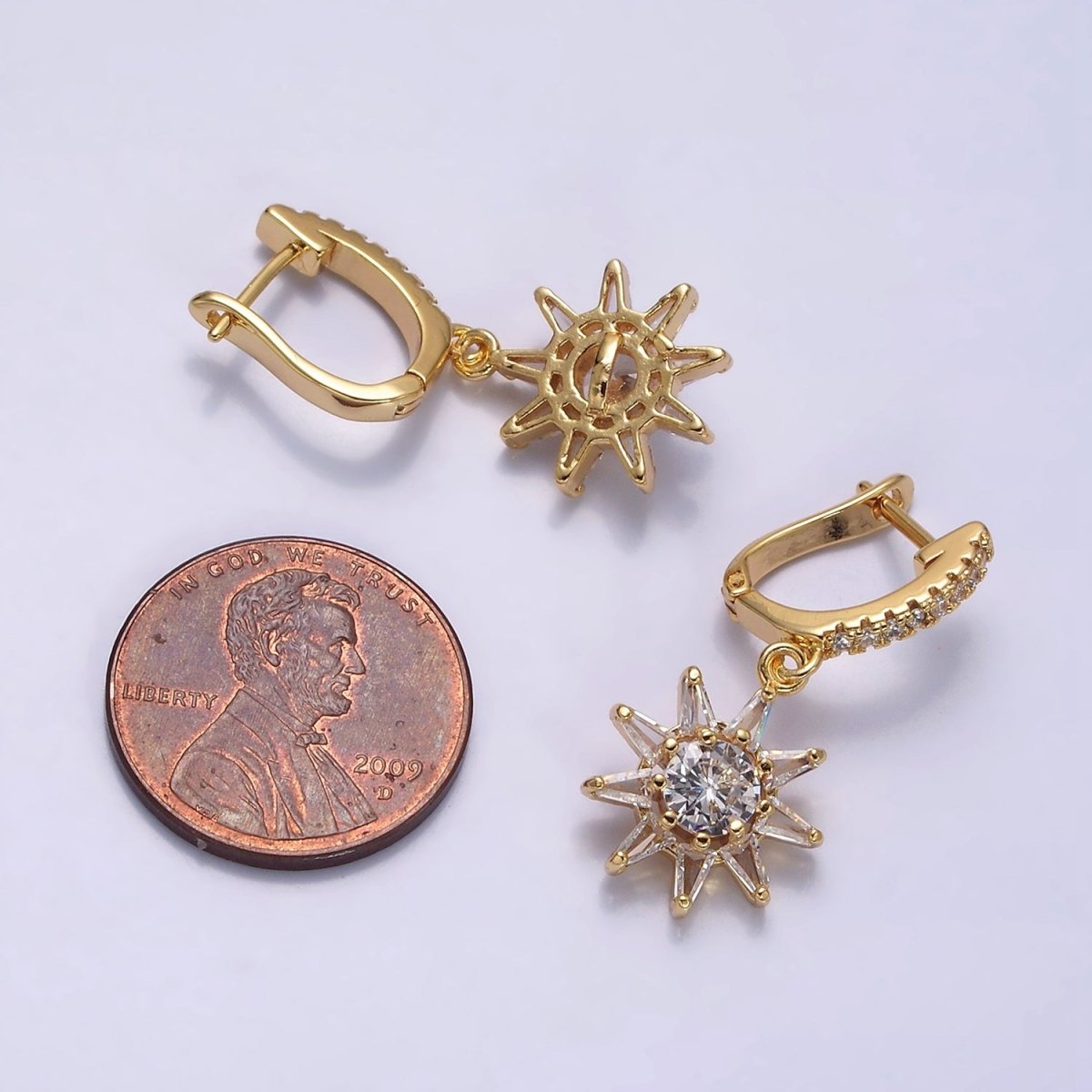 16K Gold Filled Sun Celestial Triangle Baguette Round Drop Micro Paved CZ English Lock Earrings in Gold & Silver | AD1132 AD1133