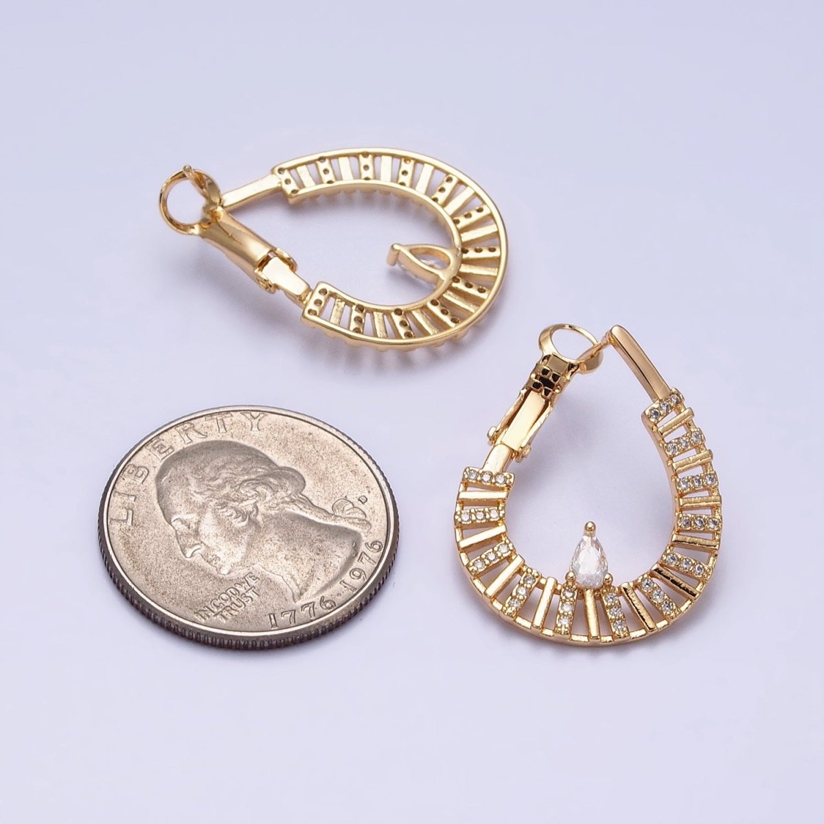 16K Gold Filled Teardrop Flat Thin Bar Micro Paved CZ Front-Facing Hinge Hoop Earrings in Gold & Silver | AD911 AD912