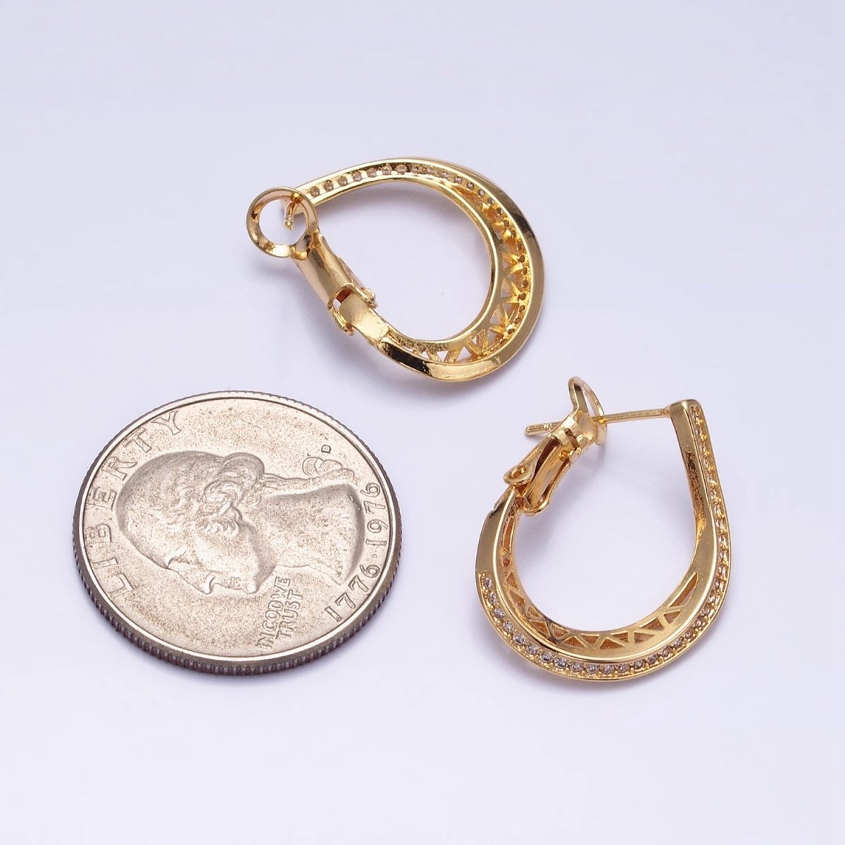 16K Gold Filled Triangle Filigree Micro Paved CZ Front-Facing Hinge Hoop Earrings in Gold & Silver | AD923 AD924