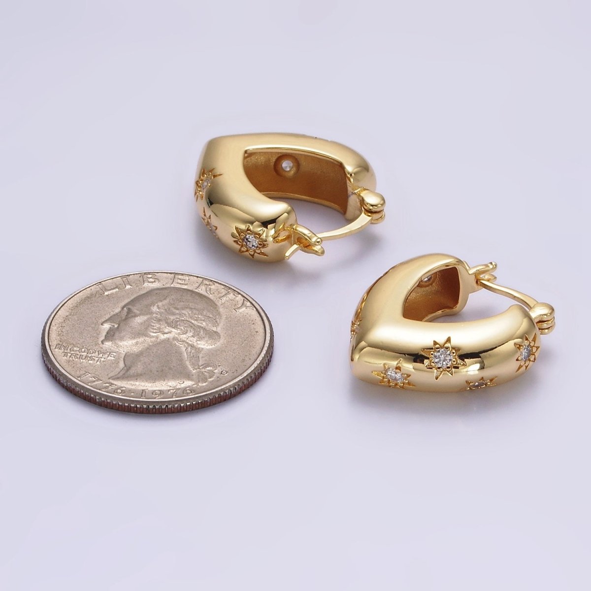 16K Gold Filled Triangle V-Shaped Dome Celestial Stars CZ French Lock Latch Hoop Earrings | AE635