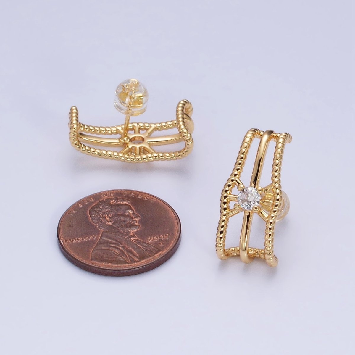 16K Gold Filled Triple Bar Twist Clear CZ 20mm Stud Earrings Set in Gold & Silver | AD1304 AD1305