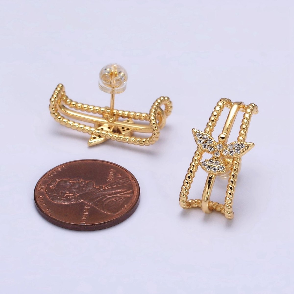 16K Gold Filled Triple Bar Twist Micro Paved CZ Bird 20mm Stud Earrings Set in Gold & Silver | AE848 AE849