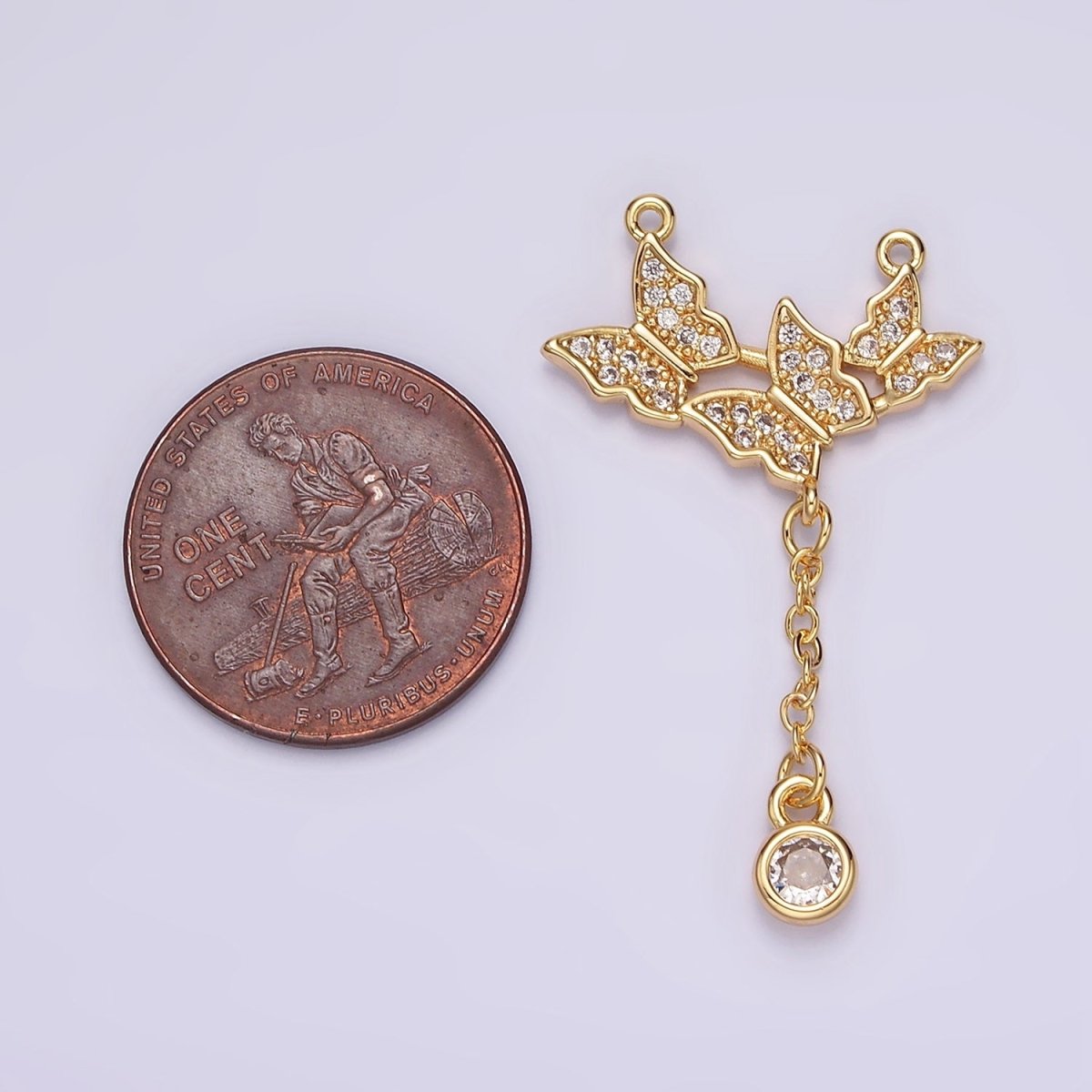 16K Gold Filled Triple Butterfly Dangle Micro Paved CZ Lariat Connector | G-057