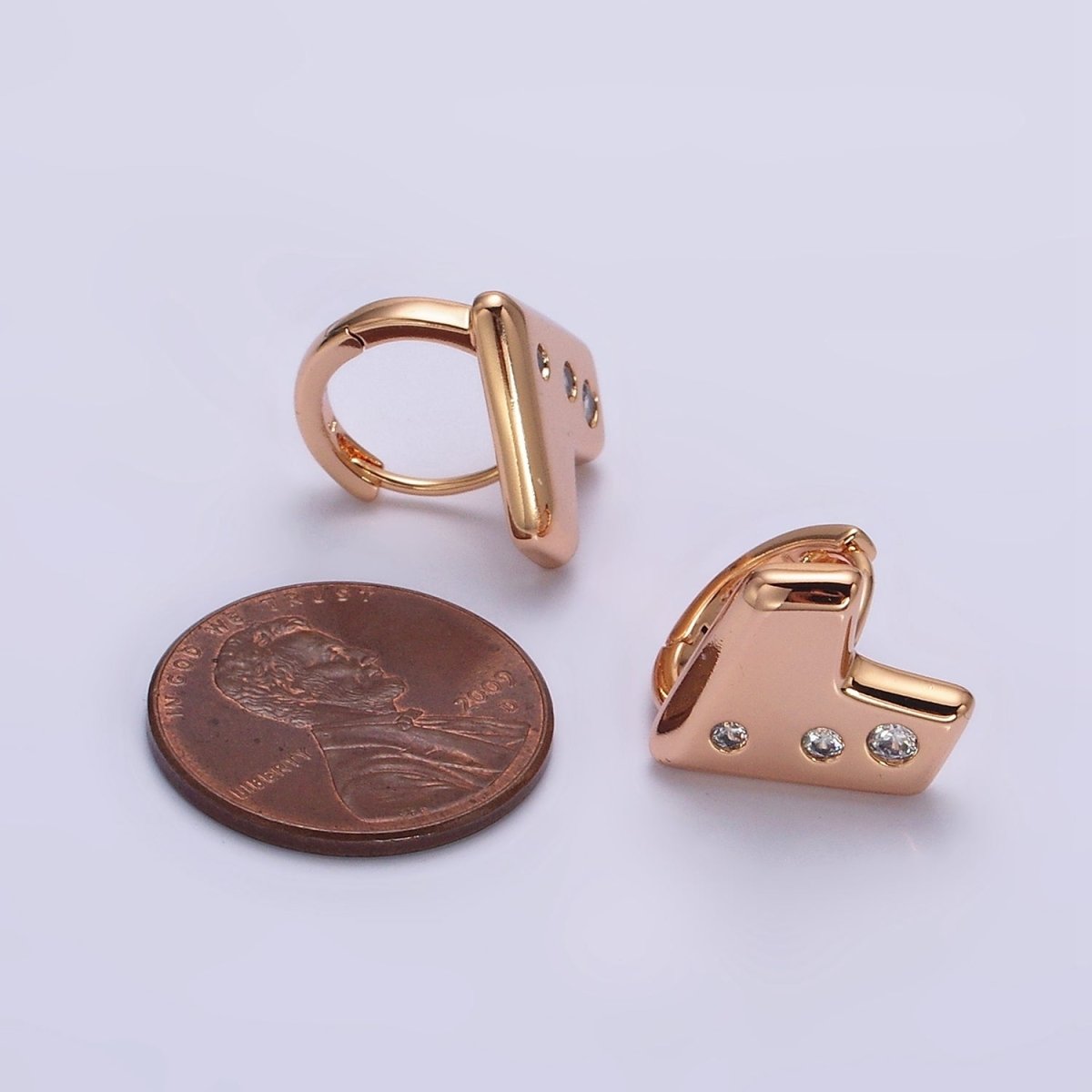 16K Gold Filled Triple Clear CZ Geometric Heart 12mm Cartilage Huggie Earrings | AE817