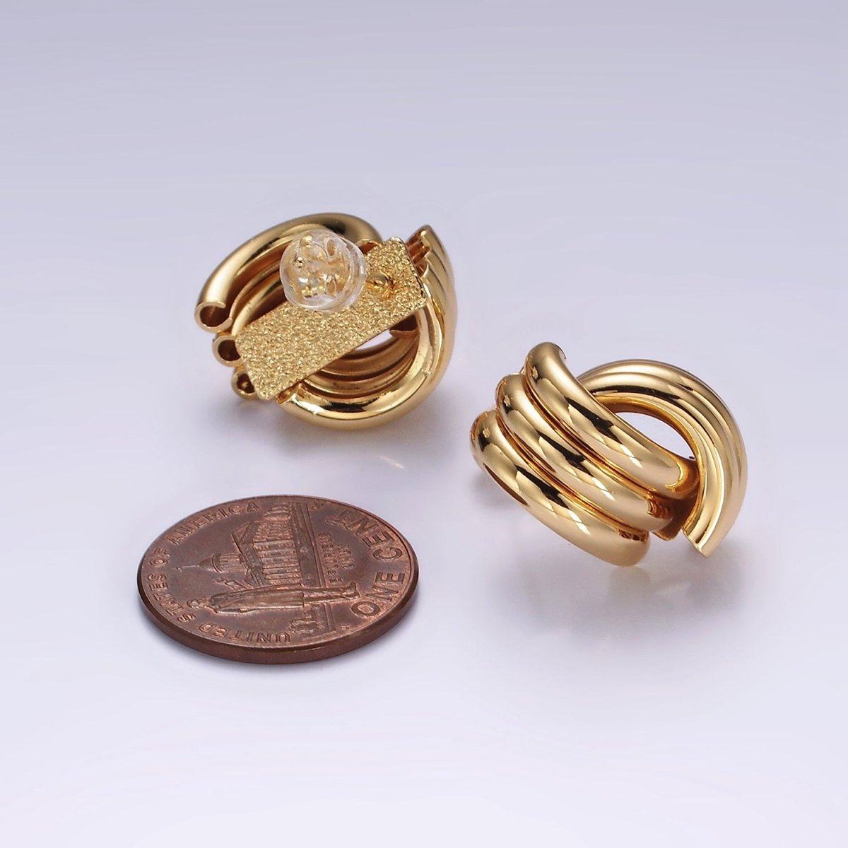 16K Gold Filled Triple Tube Band Double C-Shaped Geometric Stud Earrings | AB1111