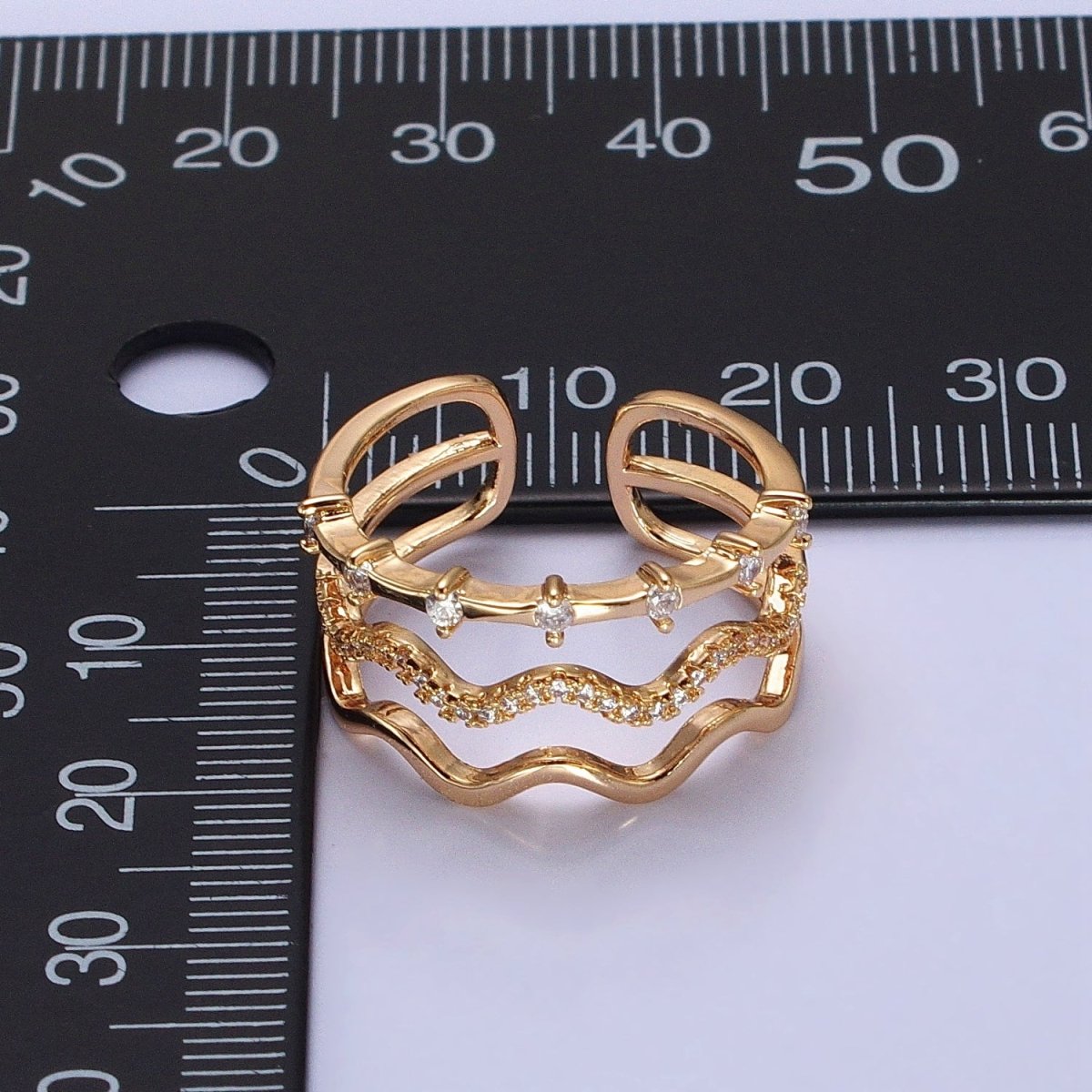 16K Gold Filled Triple Wavy Micro Paved CZ Dotted Band Ring in Gold & Silver | O1795