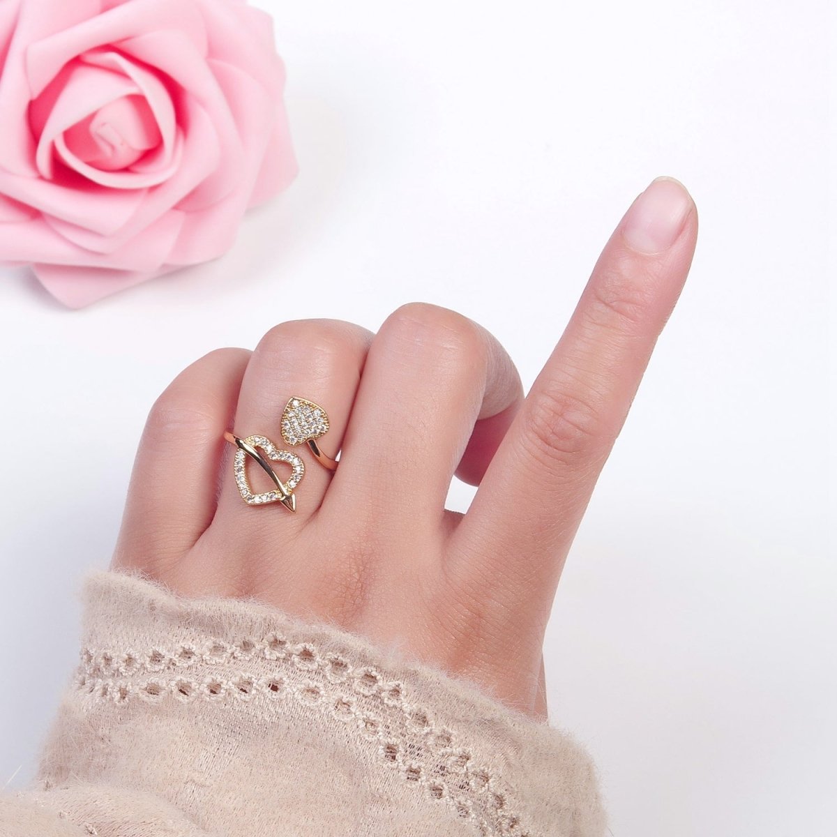 16K Gold Filled Two Micro Pave CZ Hearts with Arrow Open Adjustable Ring S-233