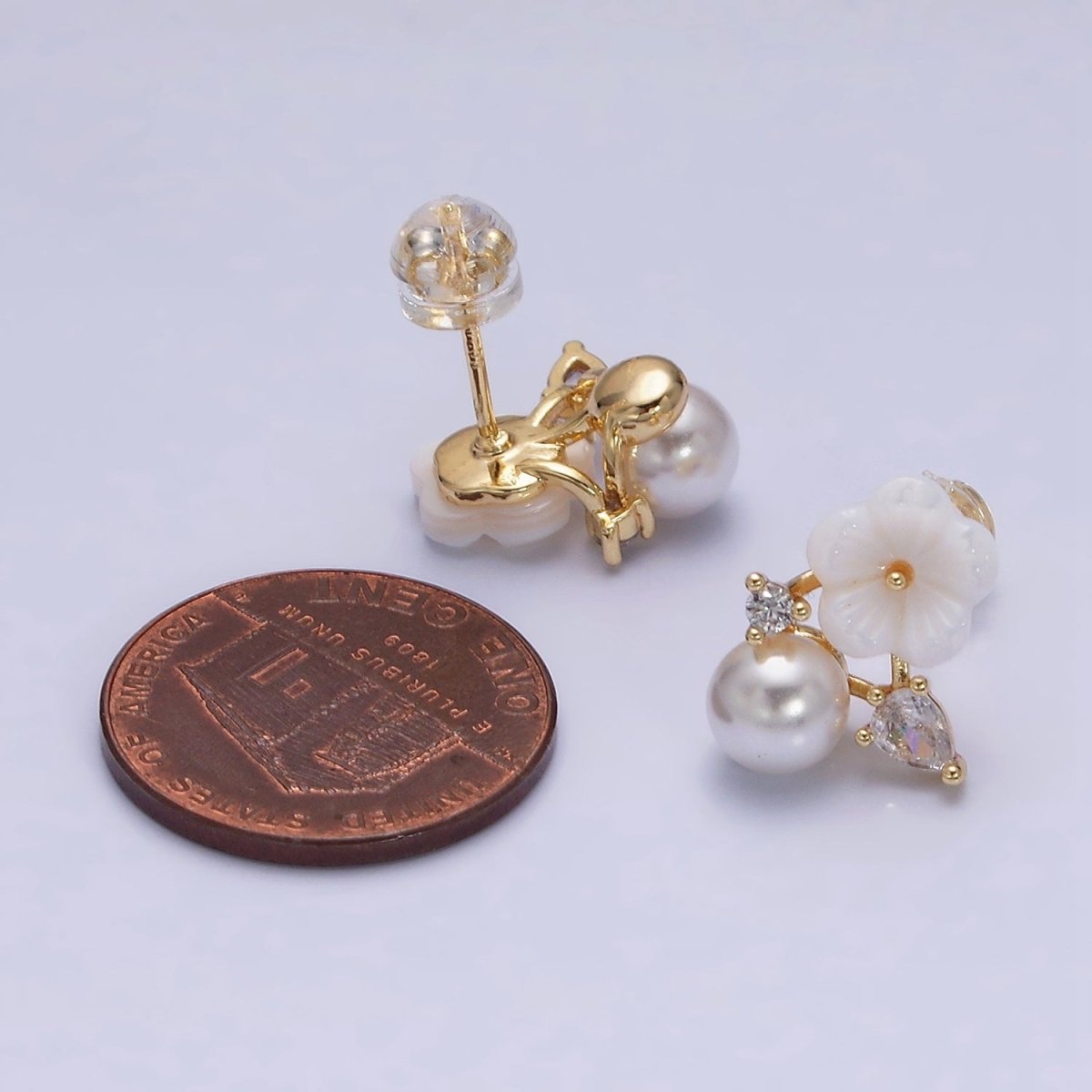 16K Gold Filled White Acrylic Flower Pearl CZ Stud Earrings in Gold & Silver | AD1558 AD1559