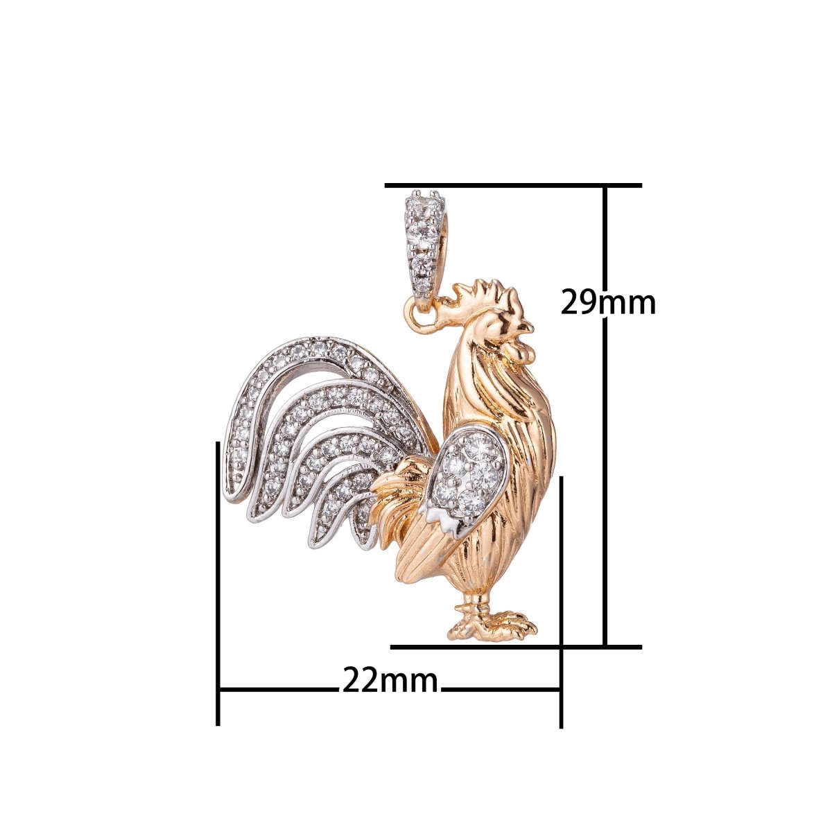 18k Gold Fill Rooster Pendant in CZ Cubic Zirconia Charm H-881