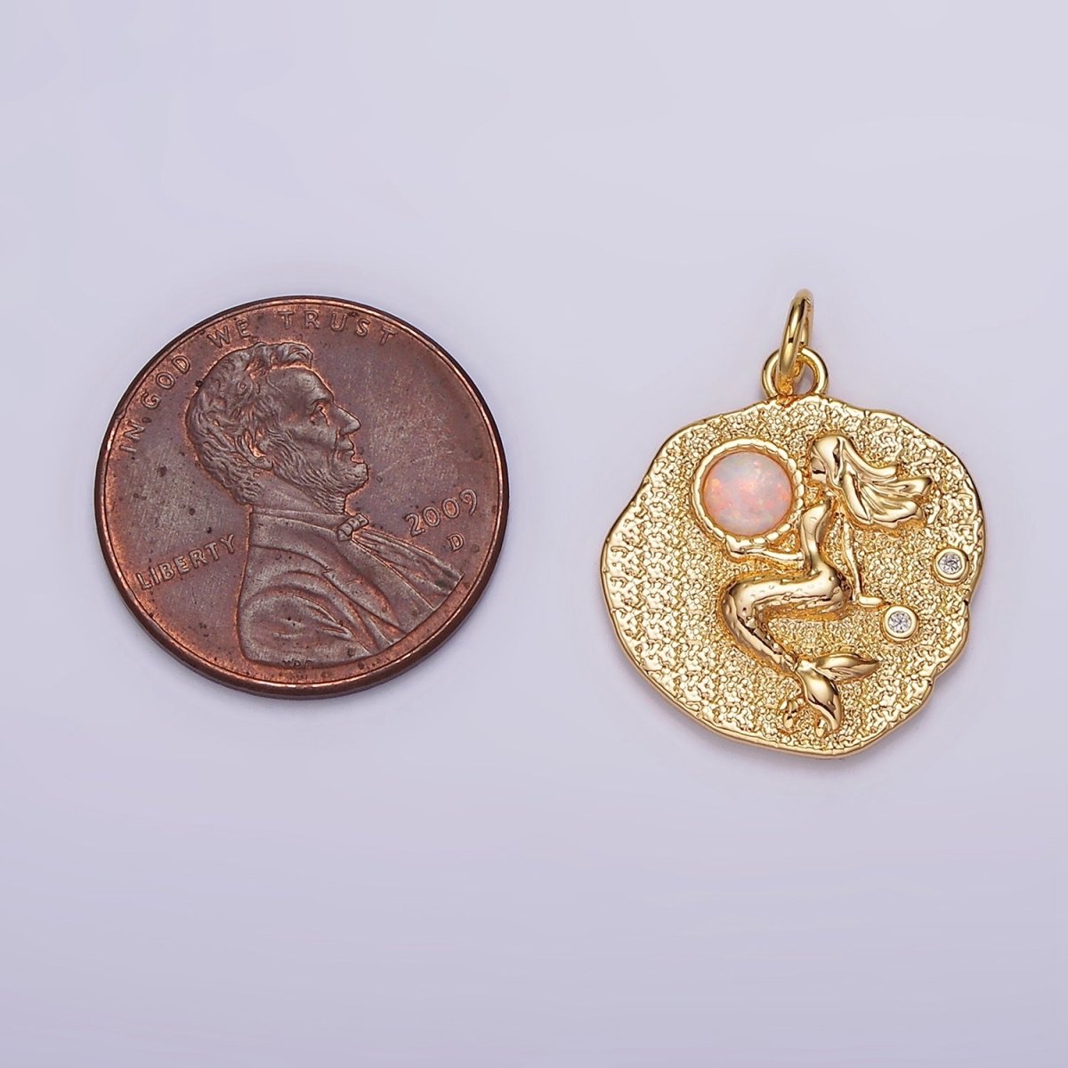 18K Gold Filled 19 mm Gemstone Mermaid Fish Stamped Round Charm | N1687 , N1753 - N1754