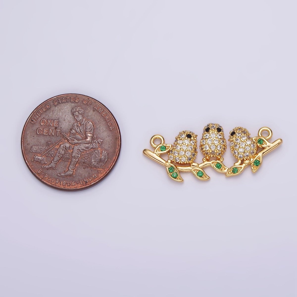 18K Gold Filled Black-Eyed Three Baby Birds Micro Paved CZ Green Leaf Connector | G-030