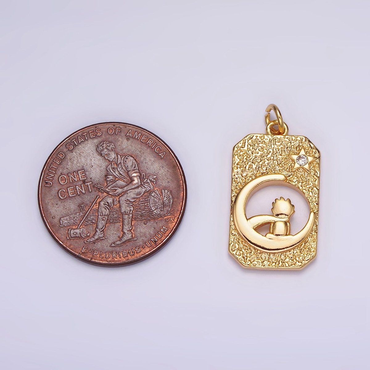 18K Gold Filled Celestial Crescent Star Moon Little Boy Prince Open Hammered Tag Charm | N-1755