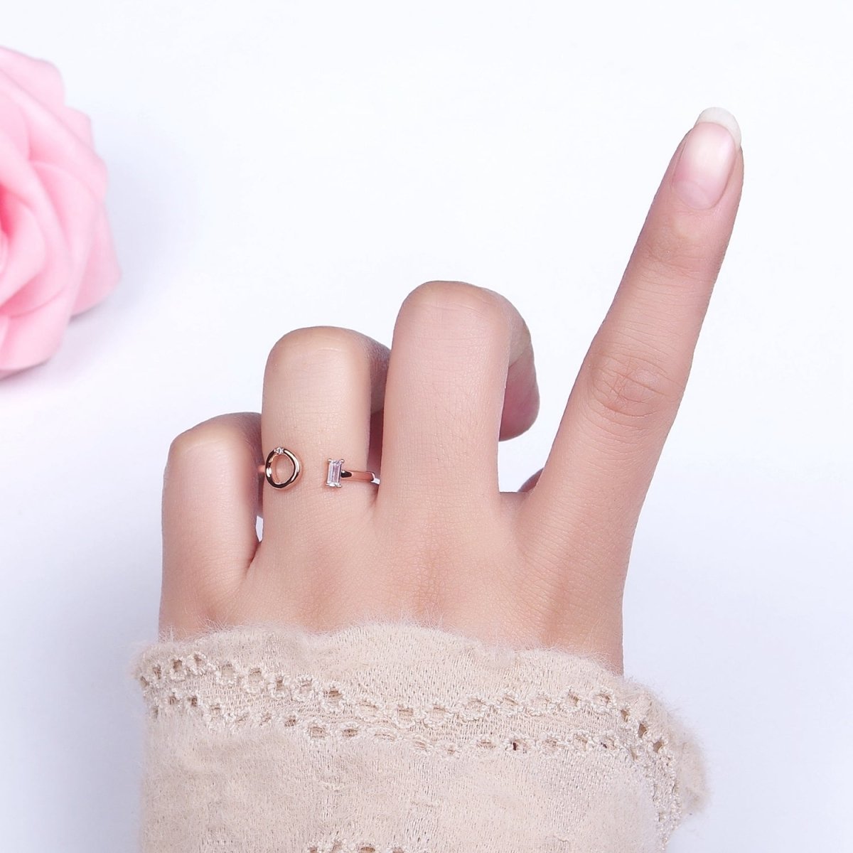 18K Gold Filled Clear Baguette Round Circular Open Adjustable Ring | O-011