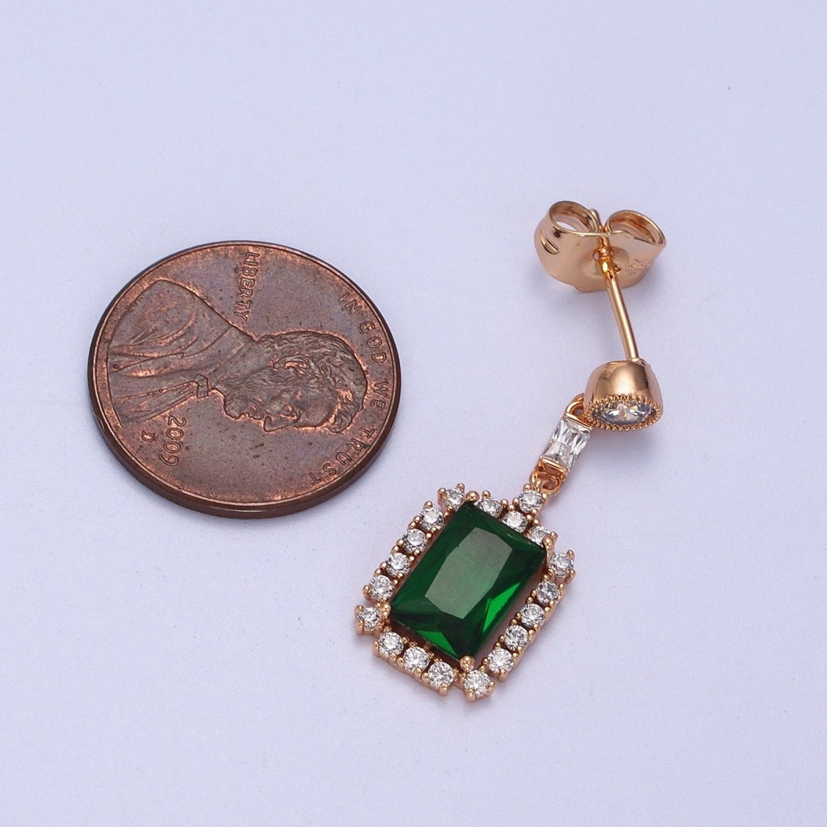 18K Gold Filled Clear, Green CZ Baguette Drop Round Stud Dangle Earrings | V-012