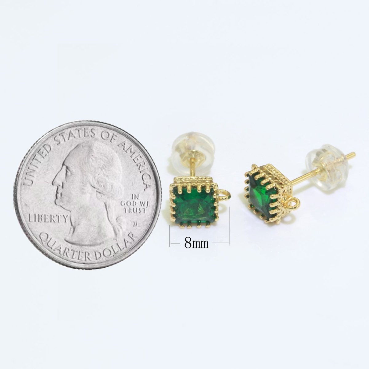 18K Gold Filled Clear / Green Square Cubic Zirconia Stud Drop Open Loop Earrings Supply L-491 L-492